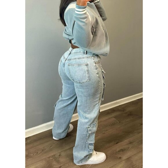 Women's Cargo Jeans High Waisted Stretchy Straight Leg Pockets Casual - Picture 2 of 7